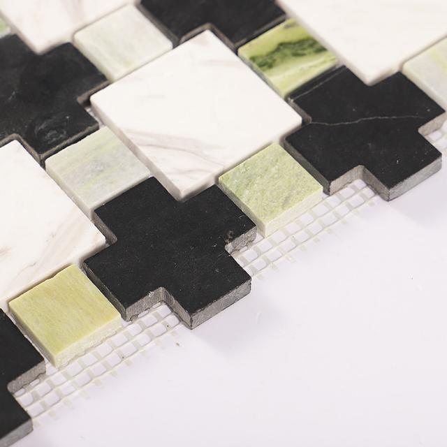 Green Black White Geometric Marble Floor Tile — mosaic ghép nghệ thuật bằng đá marble đen & trắng
