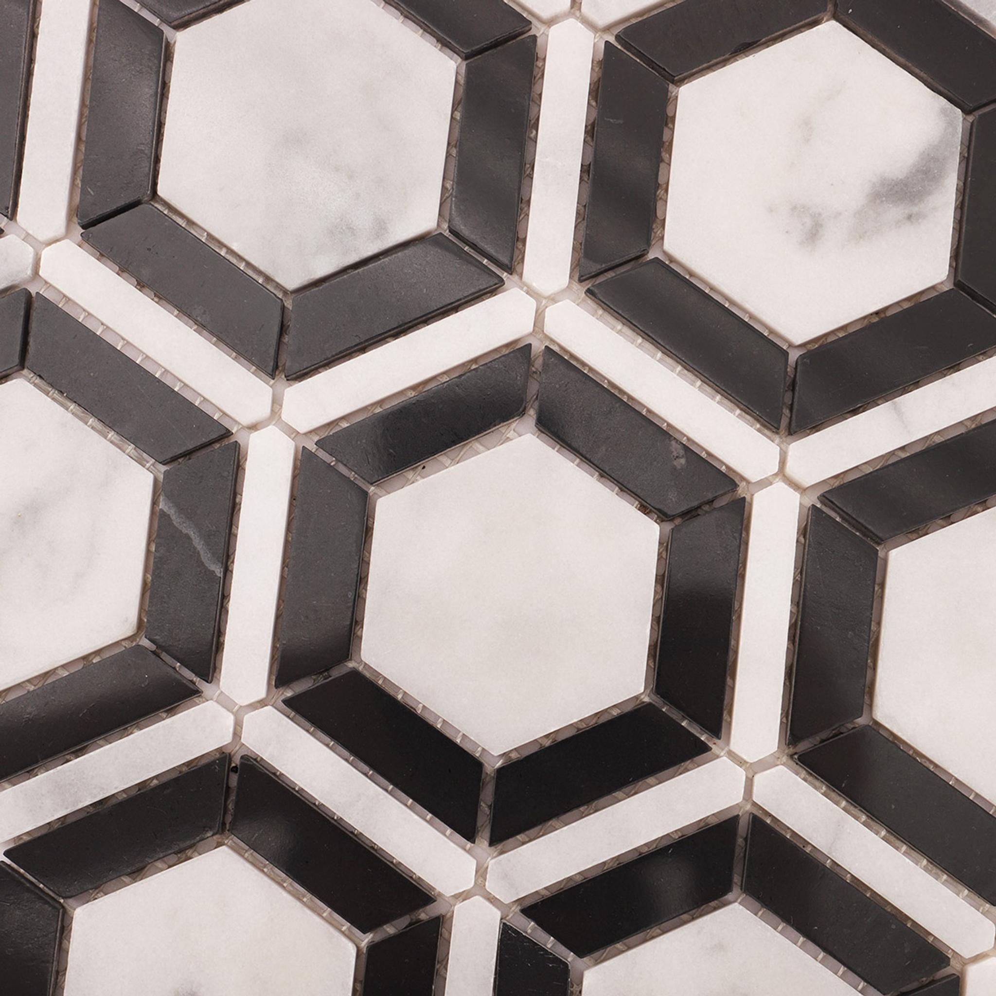Carrara White and Black Hexagon Geometric Marble Mosaic Tiles — mosaic lục giác bằng đá marble đen & trắng