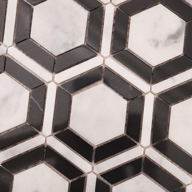 Carrara White and Black Hexagon Geometric Marble Mosaic Tiles — mosaic lục giác bằng đá marble đen & trắng