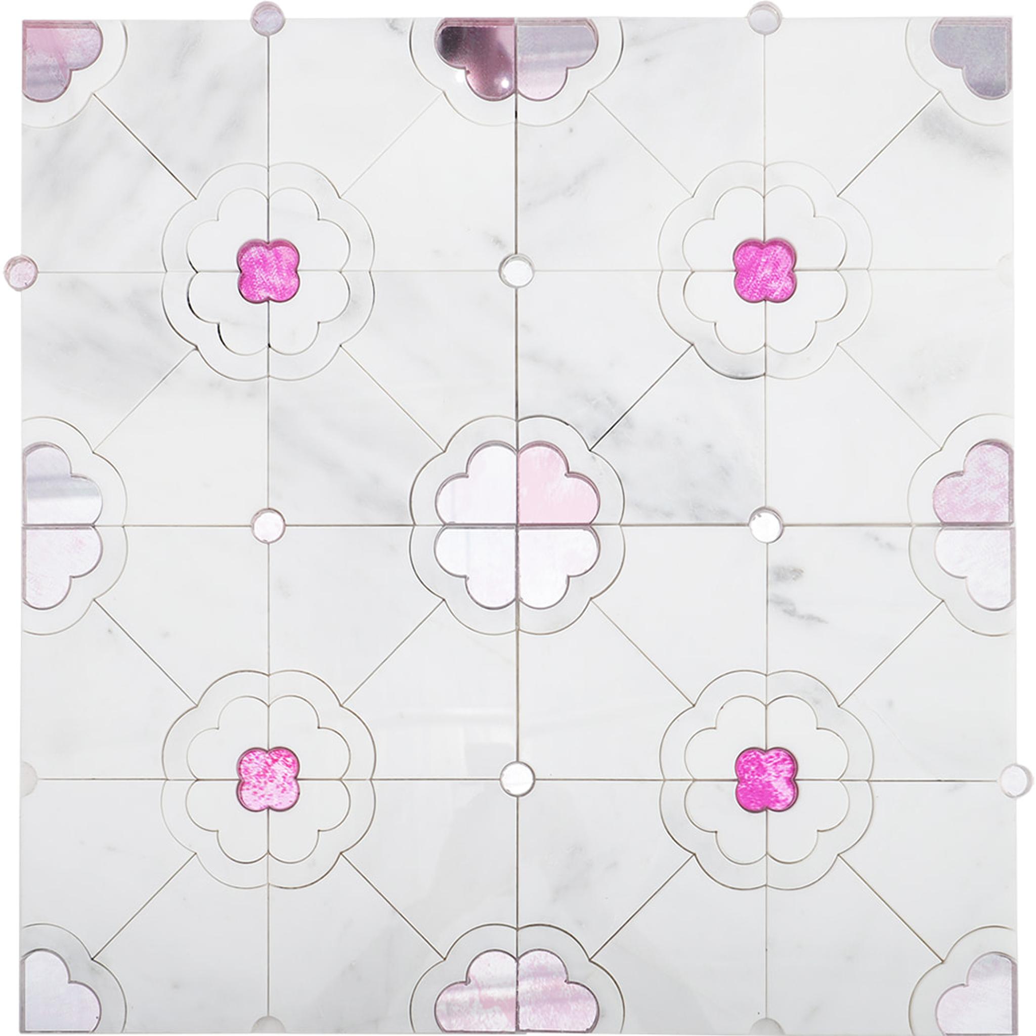 White Marble  Pink Quatrefoil Flower Waterjet Tile — mosaic hoa văn waterjet bằng đá marble trắng & hồng