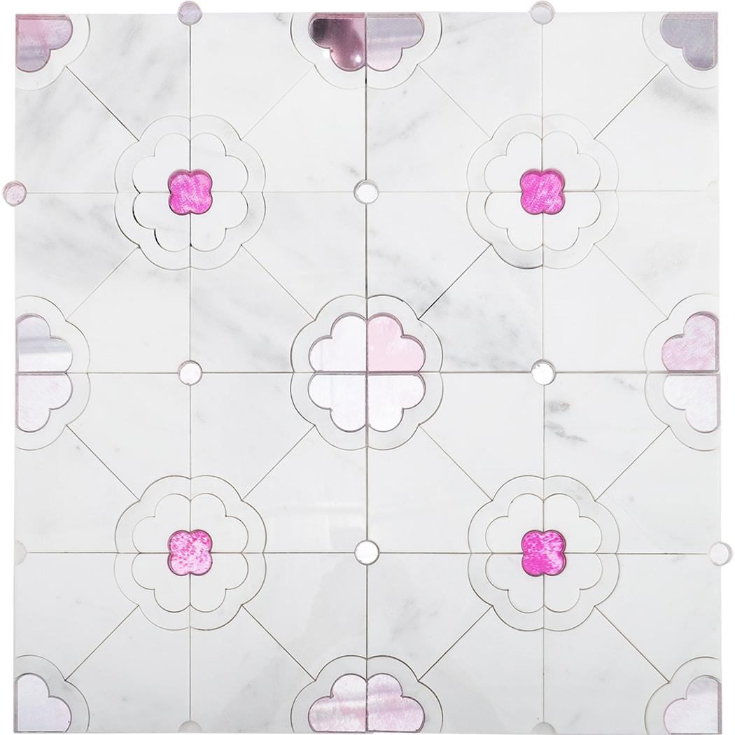 White Marble Pink Quatrefoil Flower Waterjet Tile — mosaic hoa văn waterjet bằng đá marble trắng & hồng