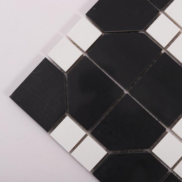 Black and White Hexagon Geometric Marble Mosaic — mosaic lục giác bằng đá marble đen & trắng