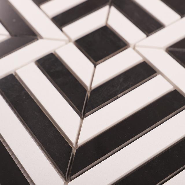 Black and White Geometric Tile  Handcut  Mosaic — mosaic ghép nghệ thuật bằng đá marble đen & trắng