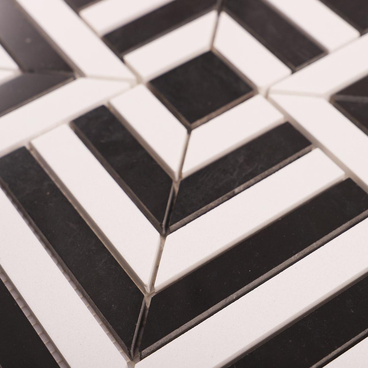 Black and White Geometric Tile Handcut Mosaic — mosaic ghép nghệ thuật bằng đá marble đen & trắng