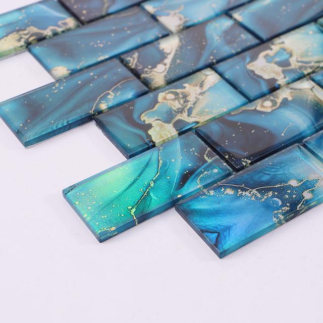 Blue Rectangular Subway Onyx Glass Mosaic Tile — mosaic subway (gạch thẻ) bằng đá onyx xanh dương