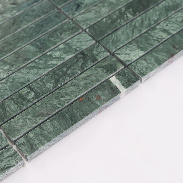 Green Marble Vertical Strip Tile Mosaic Kitchen Backsplash — mosaic thanh dài (linear) bằng đá marble xanh lục