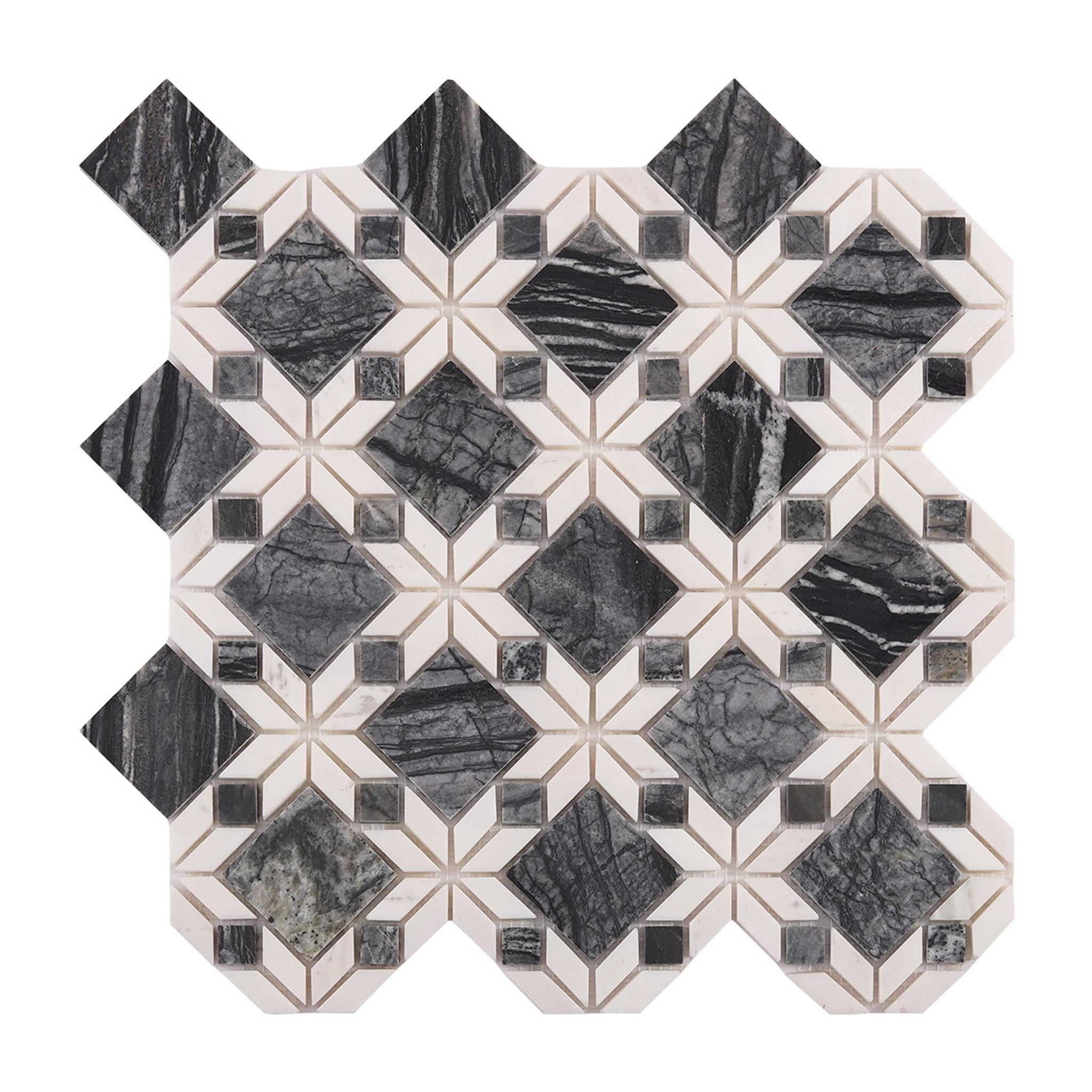 Floral Pattern Gray and White Marble Mosaic Tiles — mosaic hoa văn waterjet bằng đá marble trắng & xám
