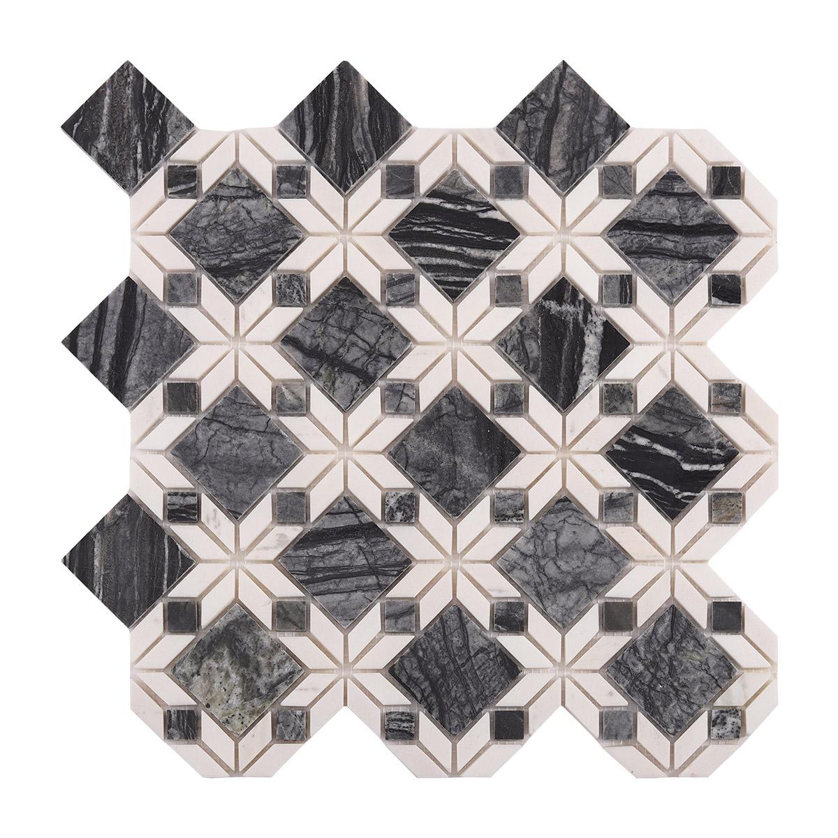 Floral Pattern Gray and White Marble Mosaic Tiles — mosaic hoa văn waterjet bằng đá marble trắng & xám