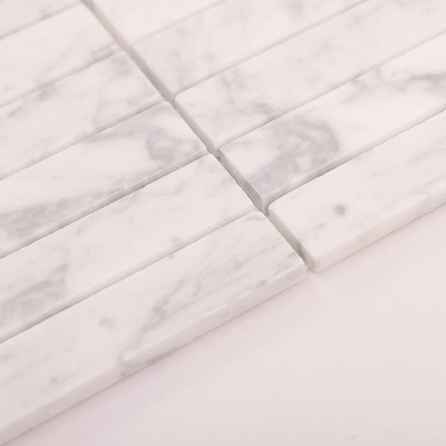 White Carrara Stacked Polished Marble Mosaic Tiles — mosaic thanh dài (linear) bằng đá marble trắng & trắng Carrara