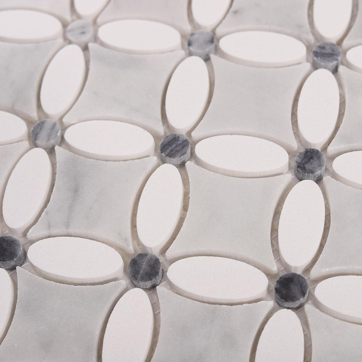 Thassos Gray and White Floral Marble Mosaic Tiles — mosaic hoa văn waterjet bằng đá marble trắng & xám
