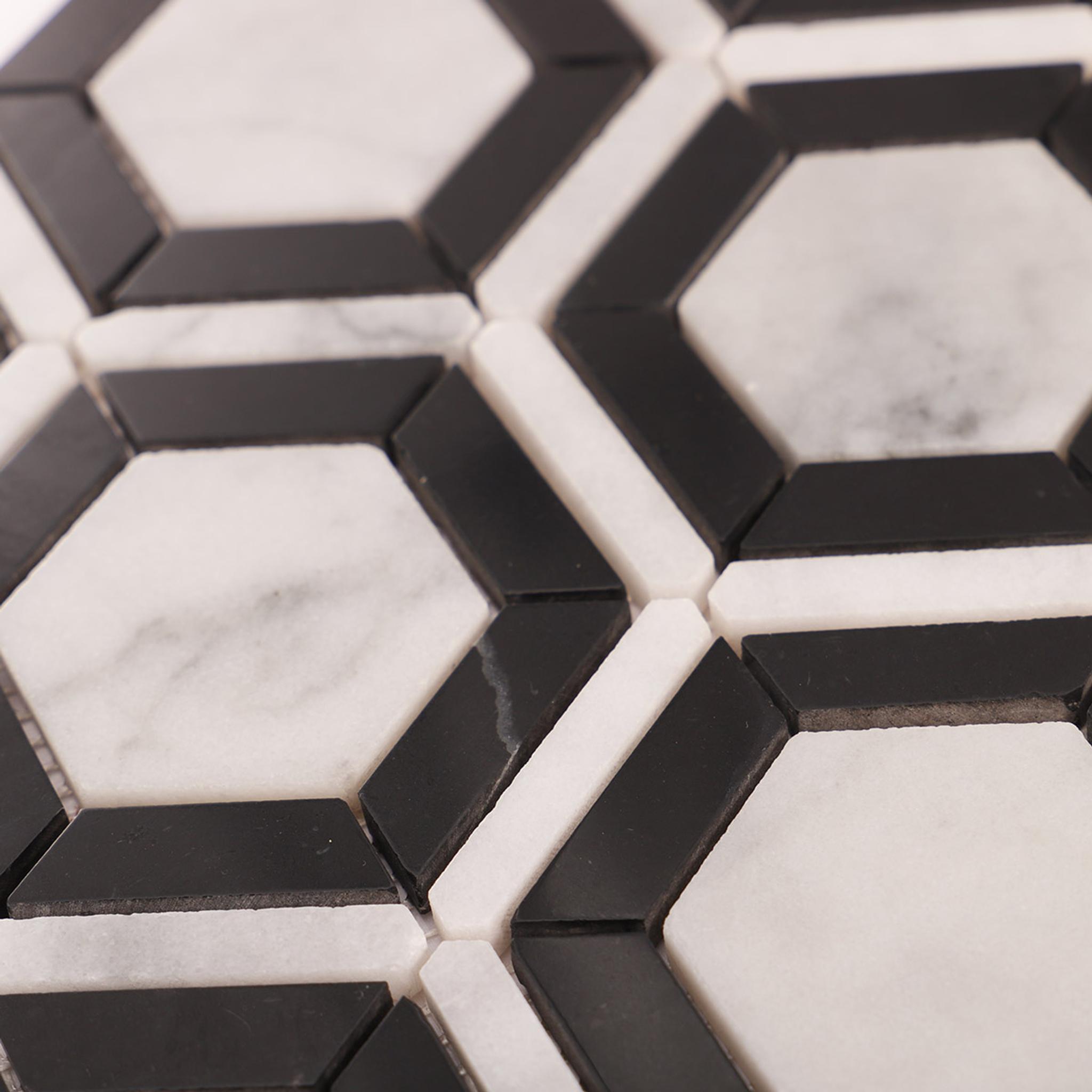 Carrara White and Black Hexagon Geometric Marble Mosaic Tiles — mosaic lục giác bằng đá marble đen & trắng