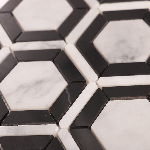 Carrara White and Black Hexagon Geometric Marble Mosaic Tiles — mosaic lục giác bằng đá marble đen & trắng