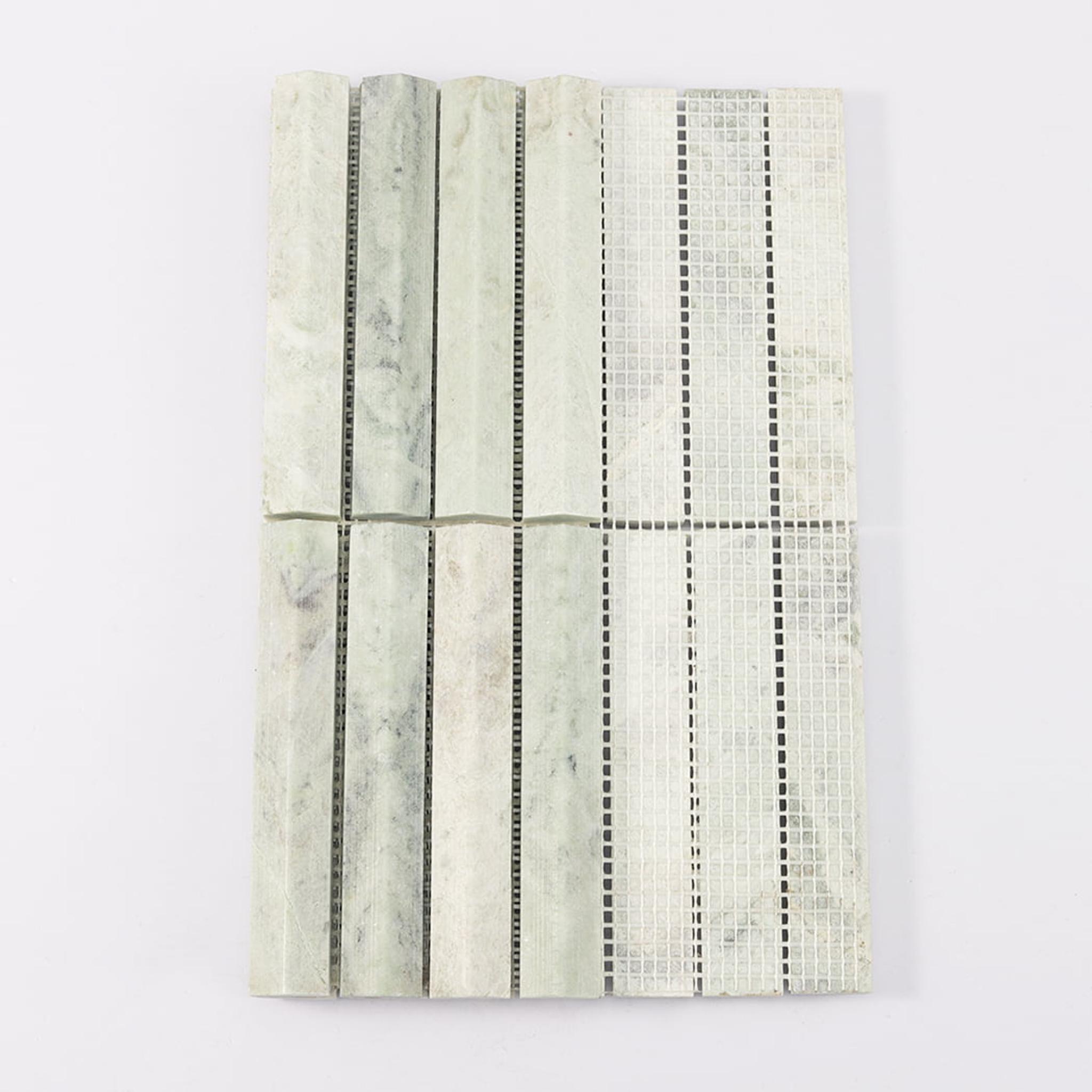 Ming Green Fluted Stacked Marble Mosaic Tile Backsplash and Bathroom — mosaic rãnh sọc (fluted) bằng đá marble xanh lục