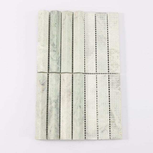 Ming Green Fluted Stacked Marble Mosaic Tile Backsplash and Bathroom — mosaic rãnh sọc (fluted) bằng đá marble xanh lục