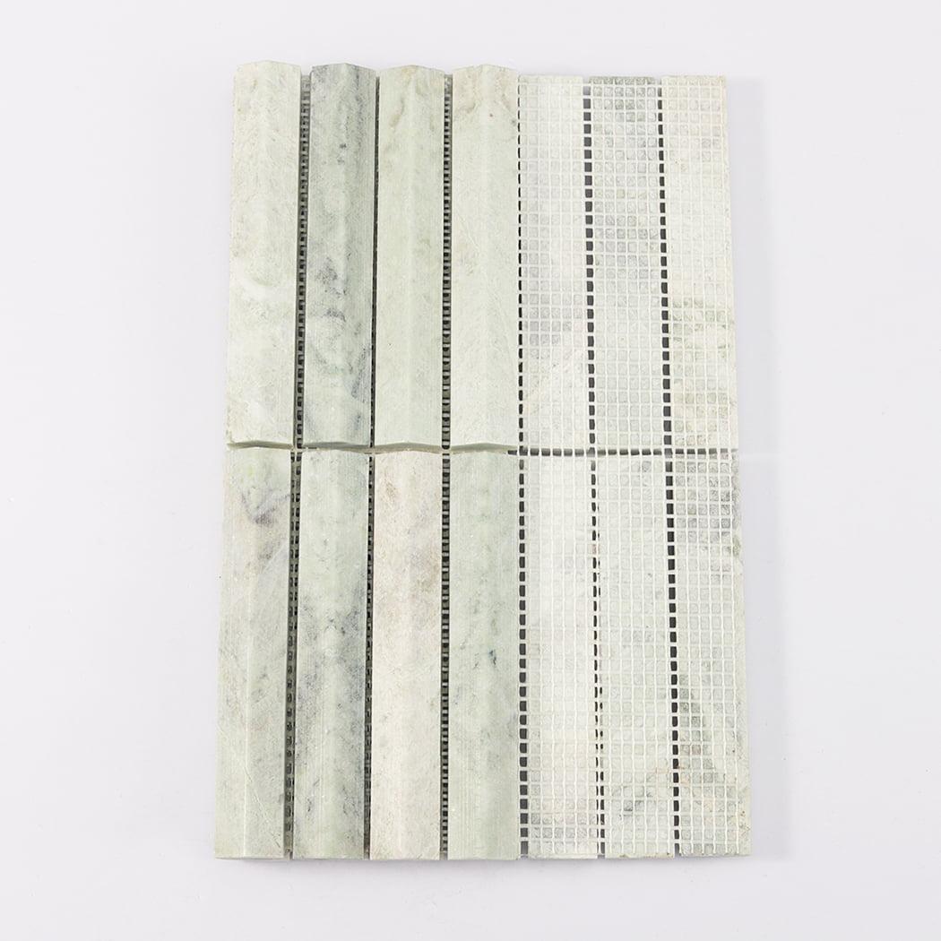 Ming Green Fluted Stacked Marble Mosaic Tile Backsplash and Bathroom — mosaic rãnh sọc (fluted) bằng đá marble xanh lục