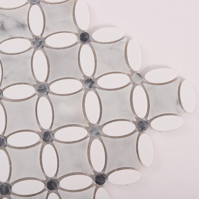 Thassos Gray and White Floral Marble Mosaic Tiles — mosaic hoa văn waterjet bằng đá marble trắng & xám