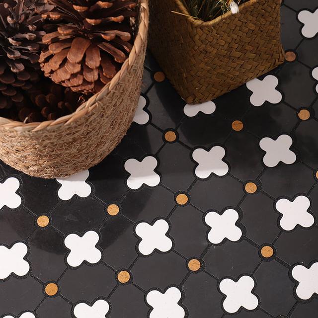 Black and White Floral Marble Mosaic Tiles — mosaic hoa văn waterjet bằng đá marble đen & trắng