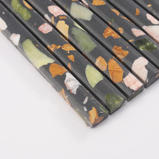 Black Terrazzo Fluted Wall Mosaic Tile for Powder Room and Walls — mosaic rãnh sọc (fluted) bằng đá terrazzo đen