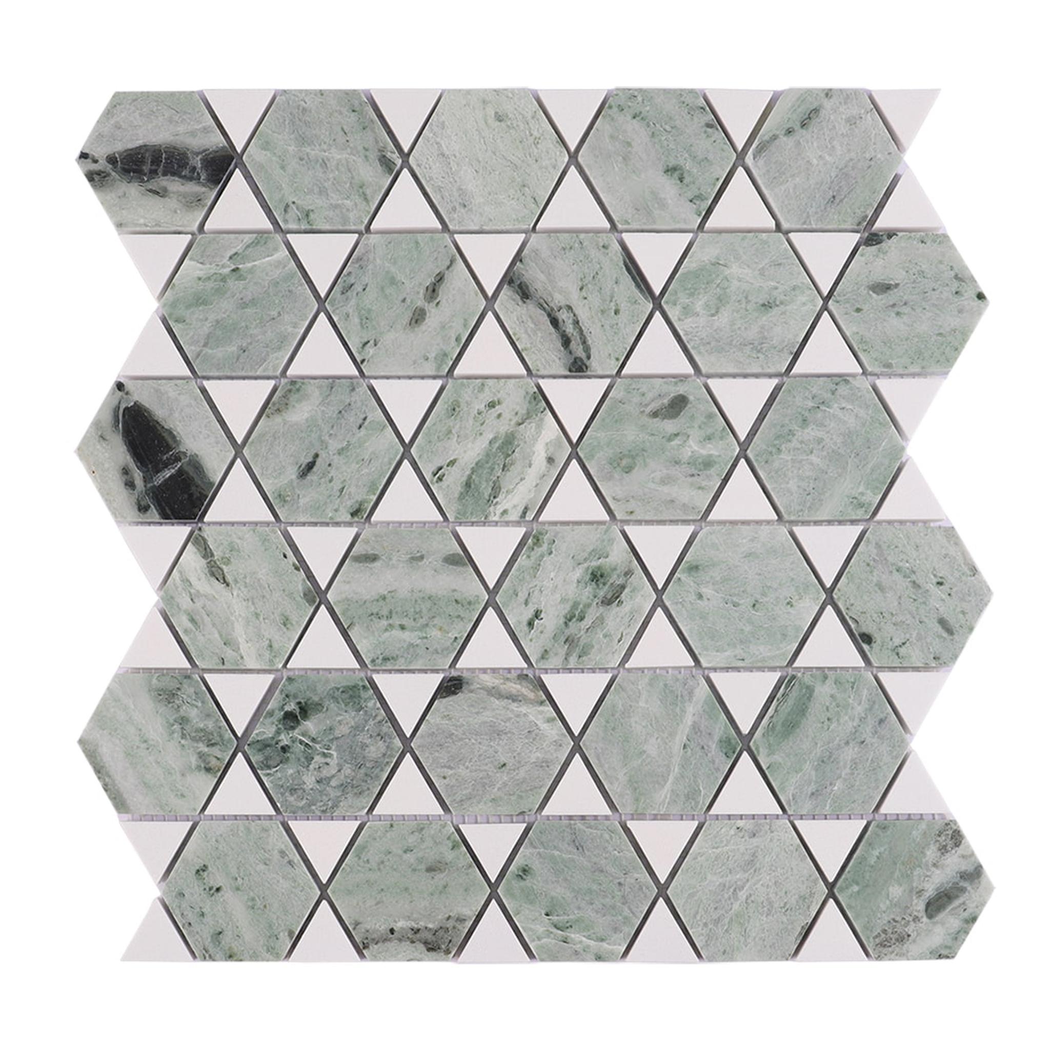 Green and White Geometric Marble Mosaic Tile — mosaic ghép nghệ thuật bằng đá marble trắng & xanh lục