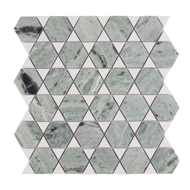 Green and White Geometric Marble Mosaic Tile — mosaic ghép nghệ thuật bằng đá marble trắng & xanh lục