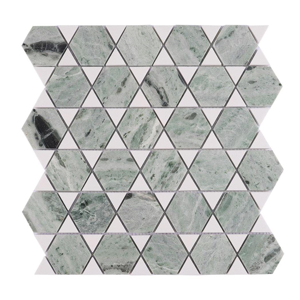 Green and White Geometric Marble Mosaic Tile — mosaic ghép nghệ thuật bằng đá marble trắng & xanh lục