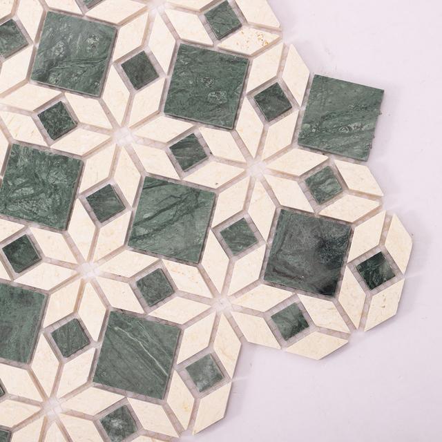 Green and Beige Marble Flower Mosaic Natural Stone Tiles — mosaic hoa văn waterjet bằng đá marble xanh lục & beige