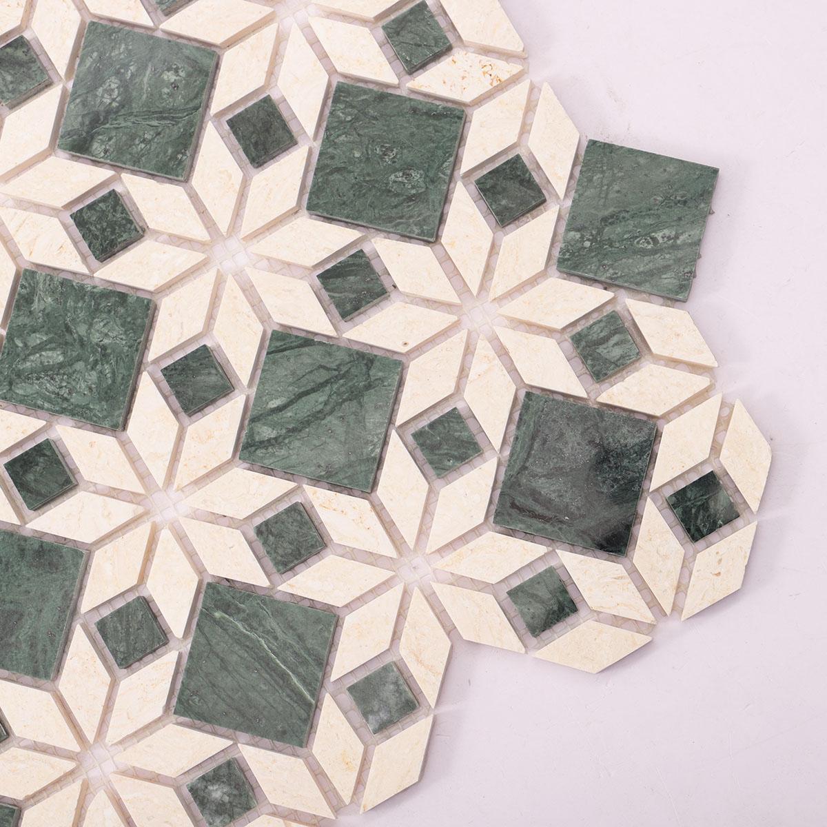 Green and Beige Marble Flower Mosaic Natural Stone Tiles — mosaic hoa văn waterjet bằng đá marble xanh lục & beige