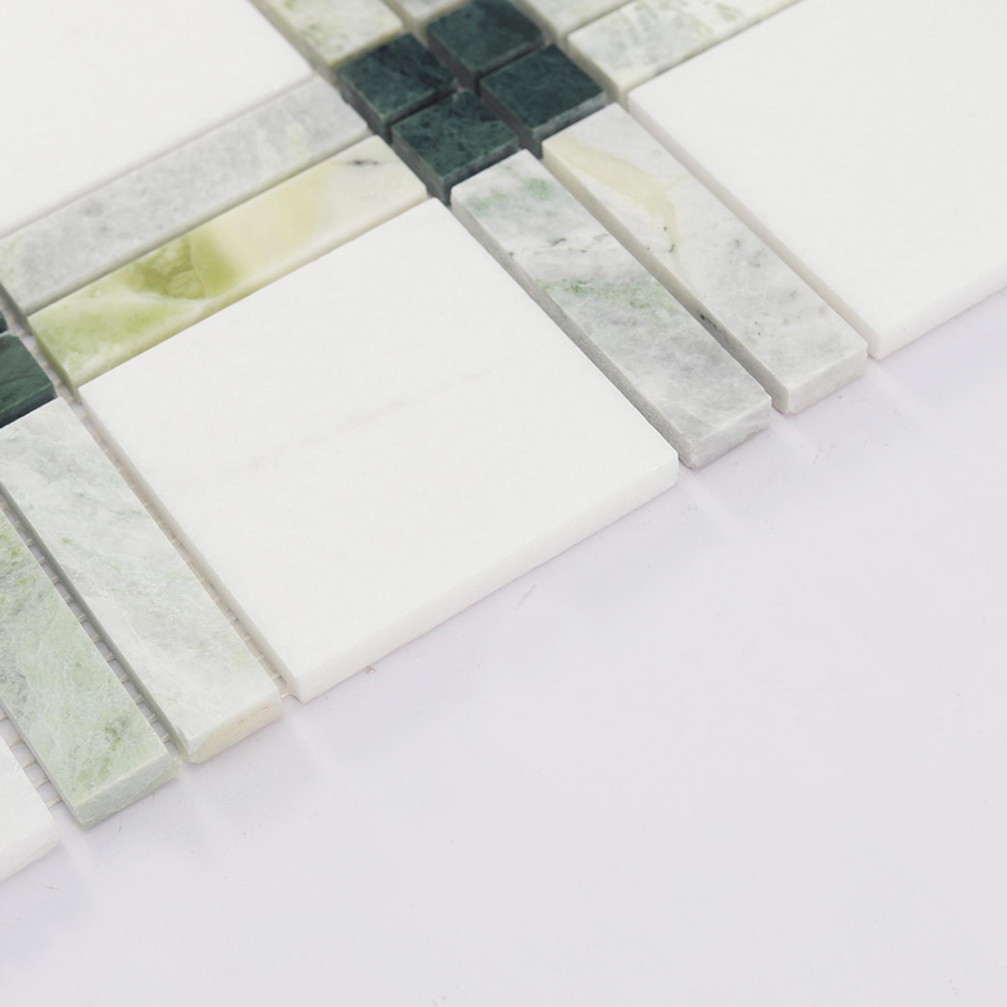 Plaid Marble Floor Mosaic Tile Green and White Wall — mosaic ghép nghệ thuật bằng đá marble trắng & xanh lục