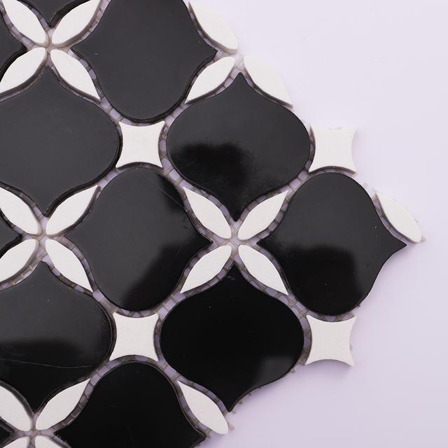 Black and White Flower Petal Marble Tiles — mosaic hoa văn waterjet bằng đá marble đen & trắng