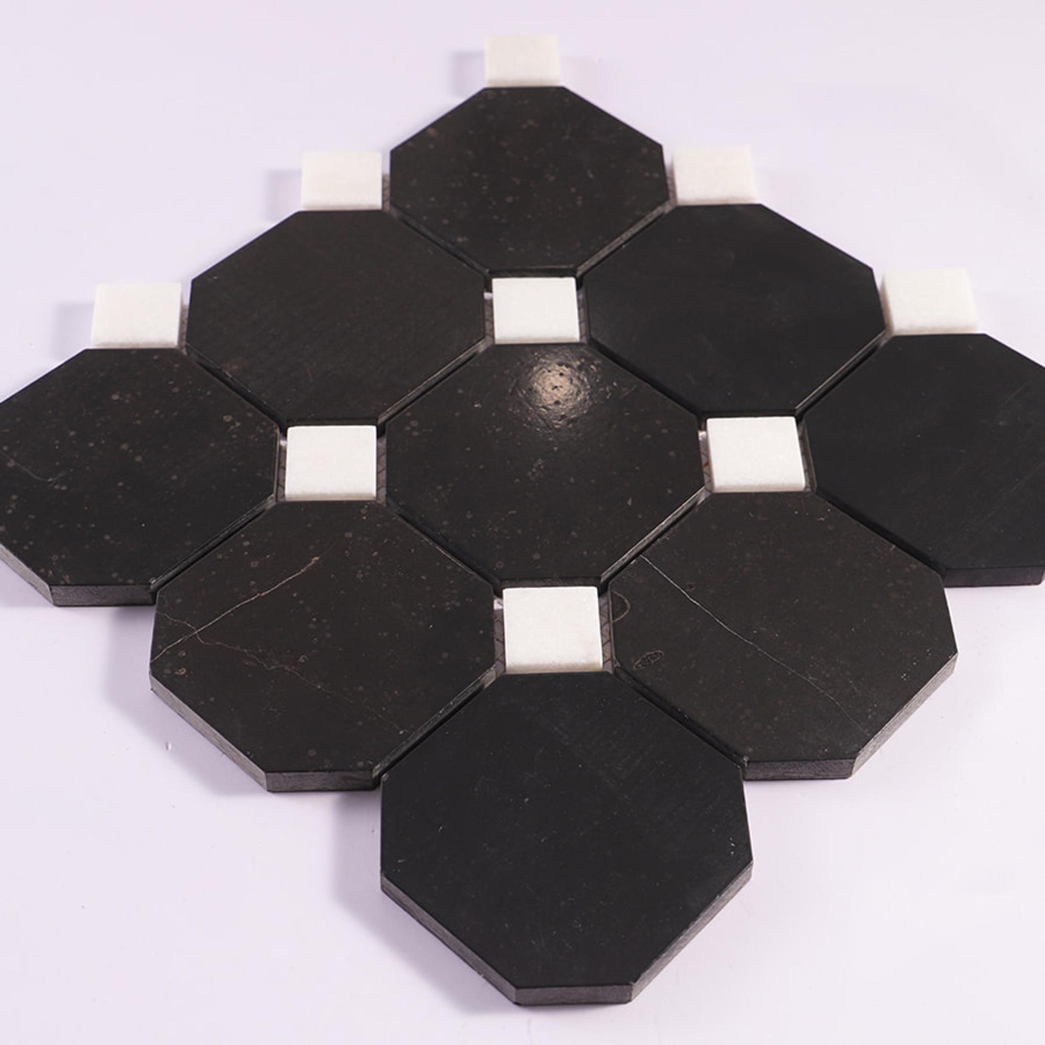 Black Octagon Marble With White Dot Mosaic floor Tile — mosaic ghép nghệ thuật bằng đá marble đen & trắng