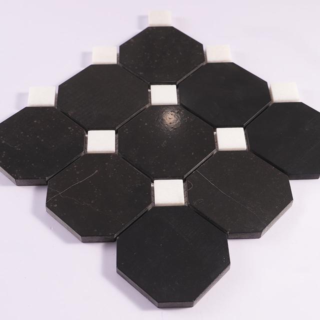 Black Octagon Marble With White Dot Mosaic floor Tile — mosaic ghép nghệ thuật bằng đá marble đen & trắng