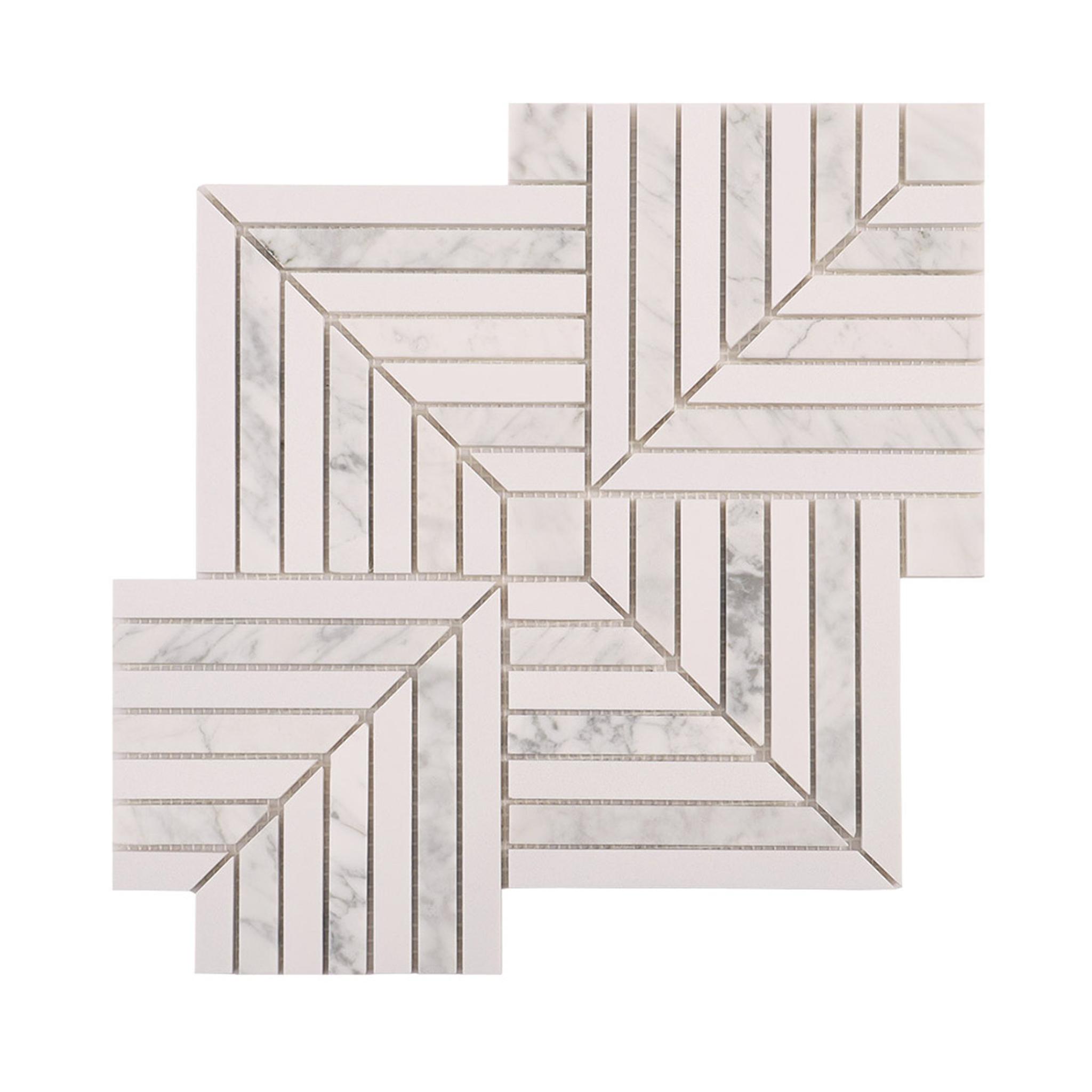 Carrara White Geometric Line Marble Mosaic Tile — mosaic ghép nghệ thuật bằng đá marble trắng & trắng Carrara