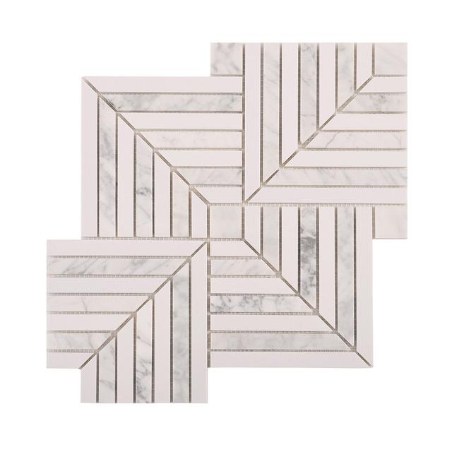 Carrara White Geometric Line Marble Mosaic Tile — mosaic ghép nghệ thuật bằng đá marble trắng & trắng Carrara
