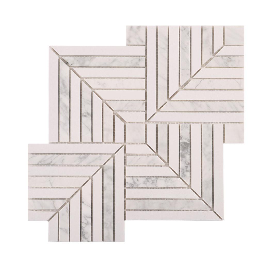 Carrara White Geometric Line Marble Mosaic Tile — mosaic ghép nghệ thuật bằng đá marble trắng & trắng Carrara