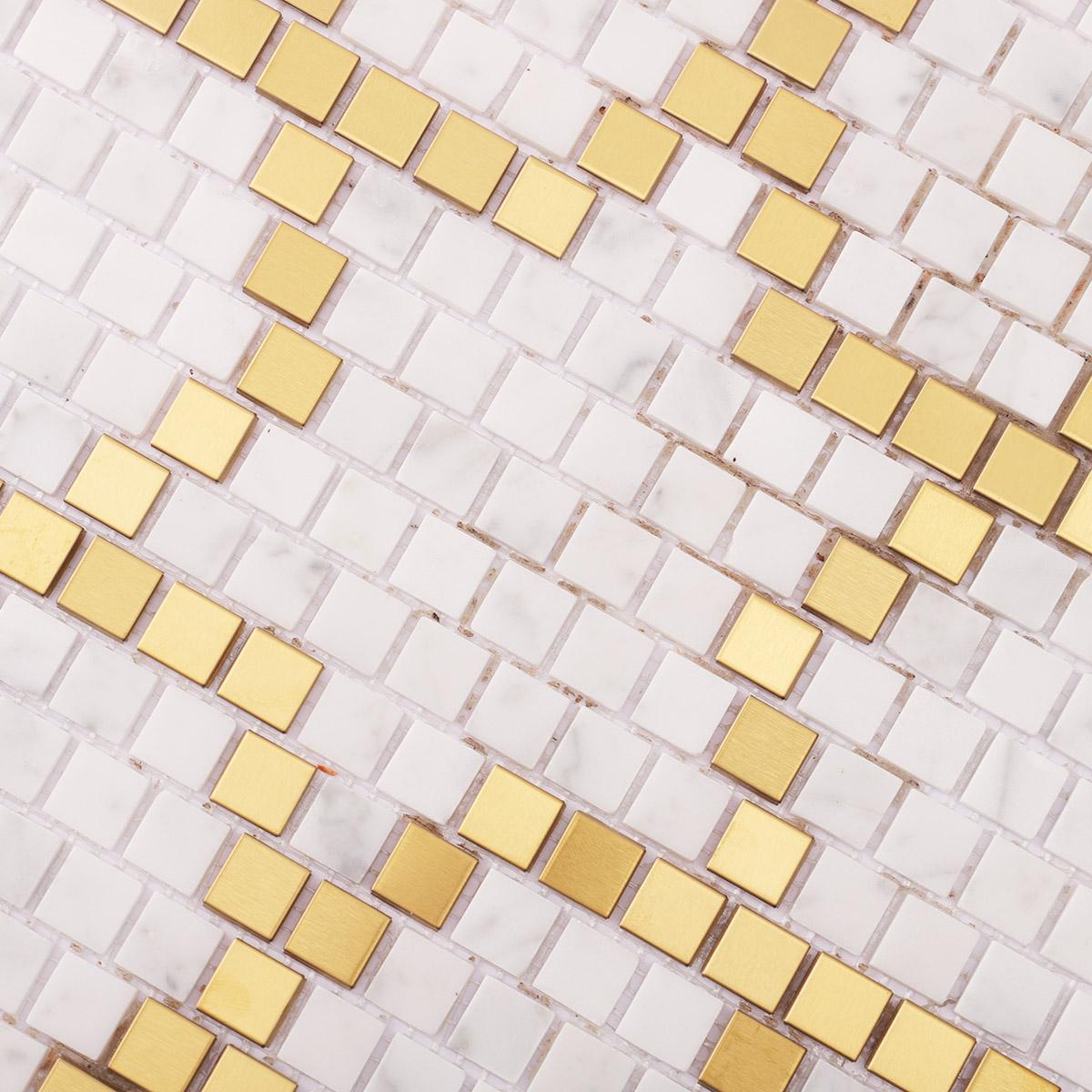 White and Gold Pattern Mosaic Tile Pixel Art — mosaic ghép nghệ thuật bằng đá marble trắng & vàng