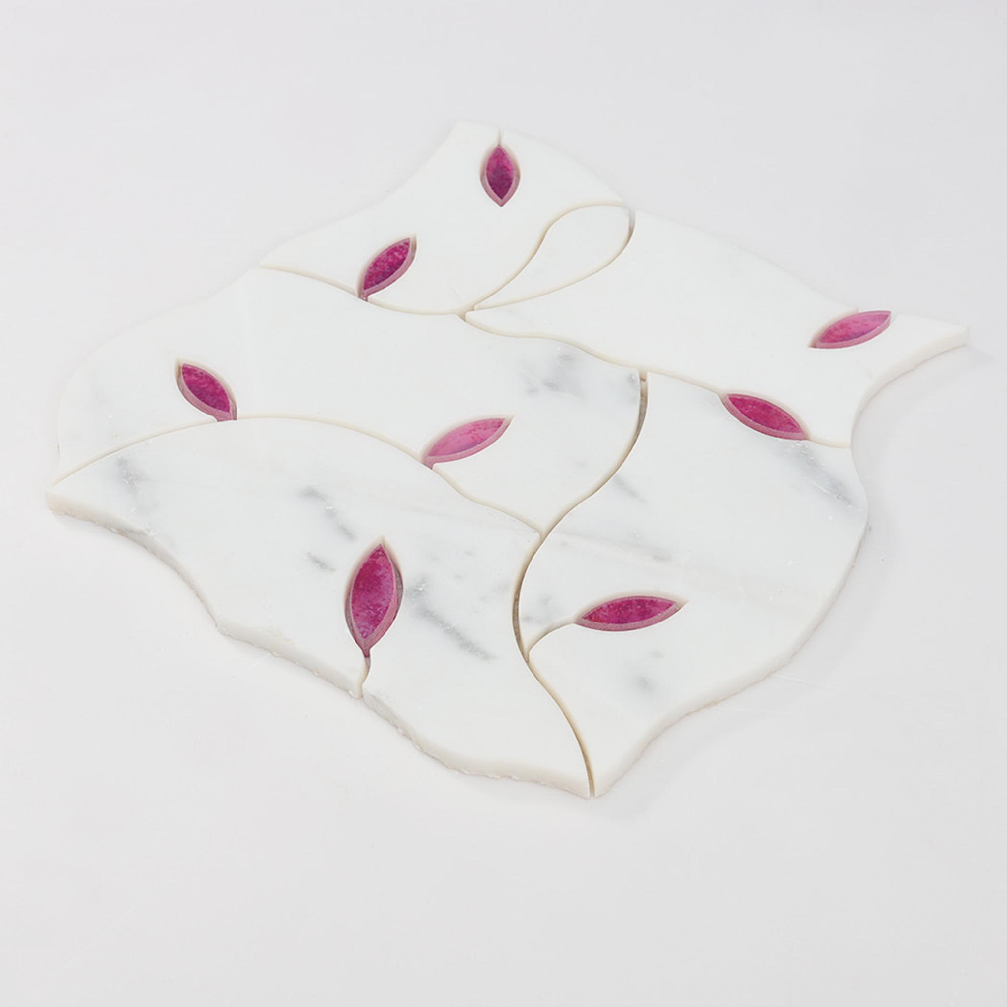 White Marble and Glass Waterjet Mosaic Tile  Curved Pattern Pink Glass — mosaic hoa văn waterjet bằng đá marble trắng & hồng