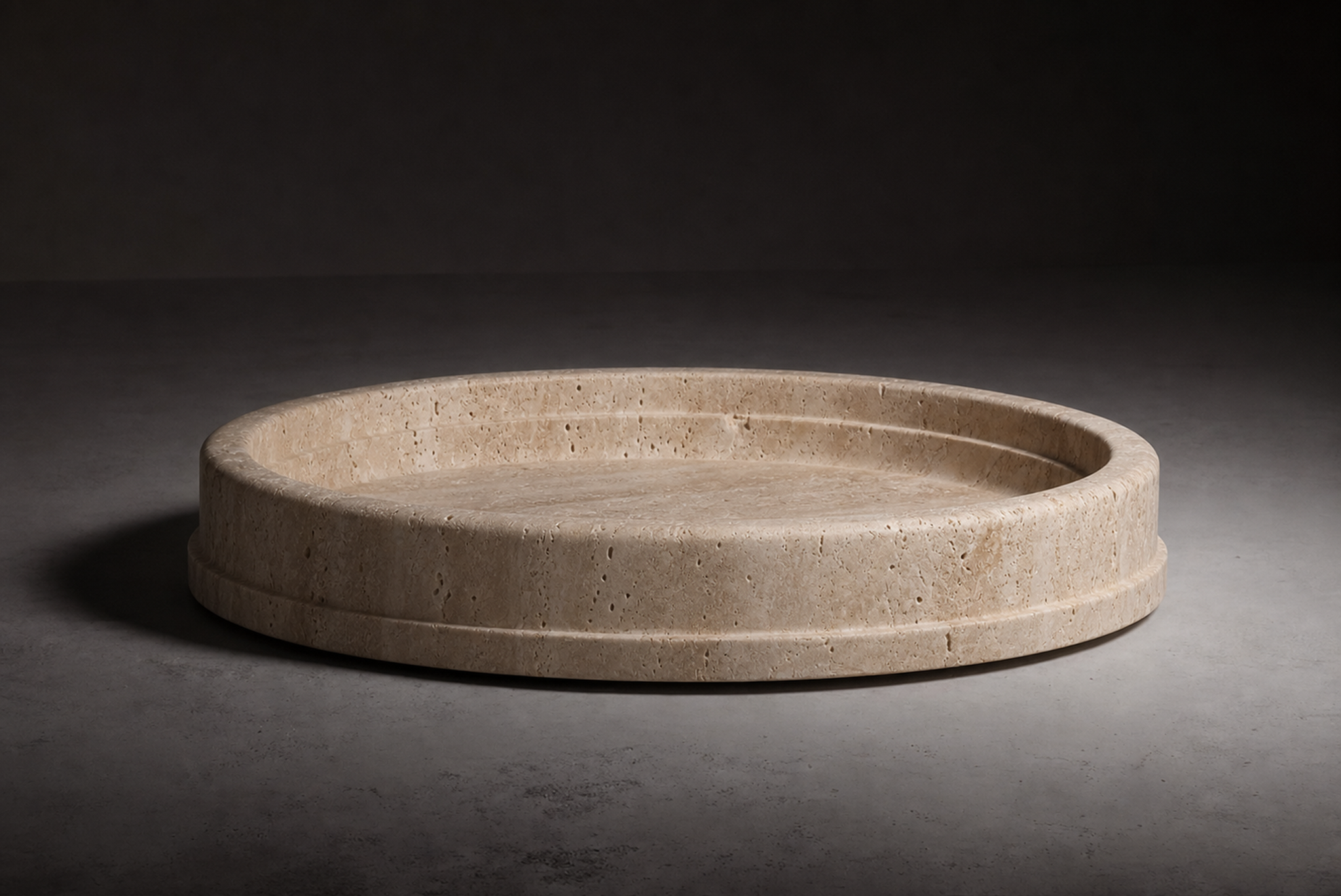 Bệ tắm đá tròn travertine Roman — khay tắm nguyên khối Rochelle