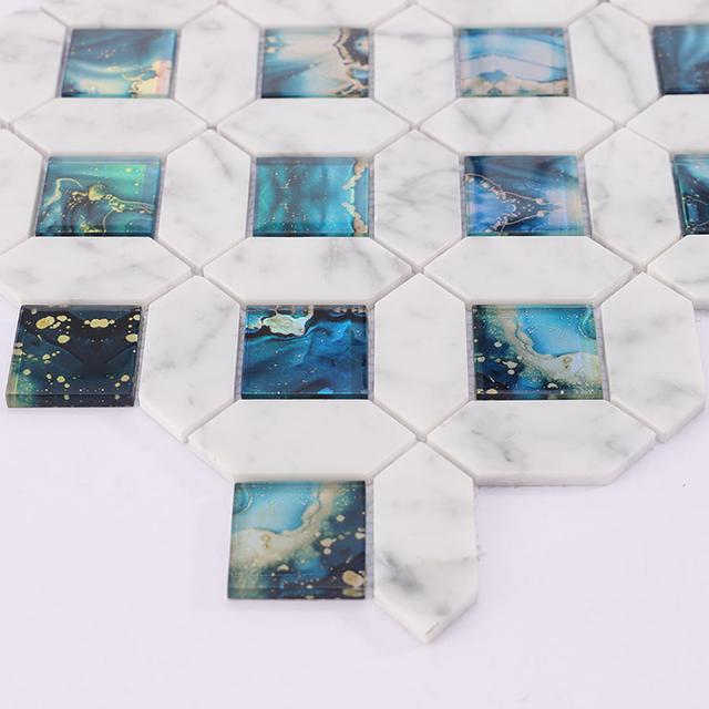 Blue Glass and White Marble Mosaic Tile — mosaic ghép nghệ thuật bằng đá marble trắng & xanh dương