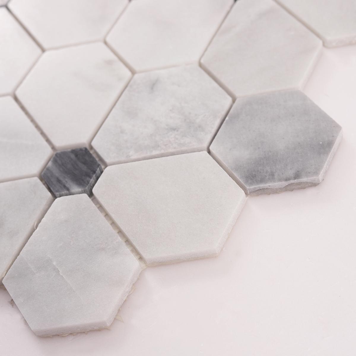 Carrara White Hexagon Flower Marble Mosaic Tiles — mosaic lục giác bằng đá marble trắng & trắng Carrara