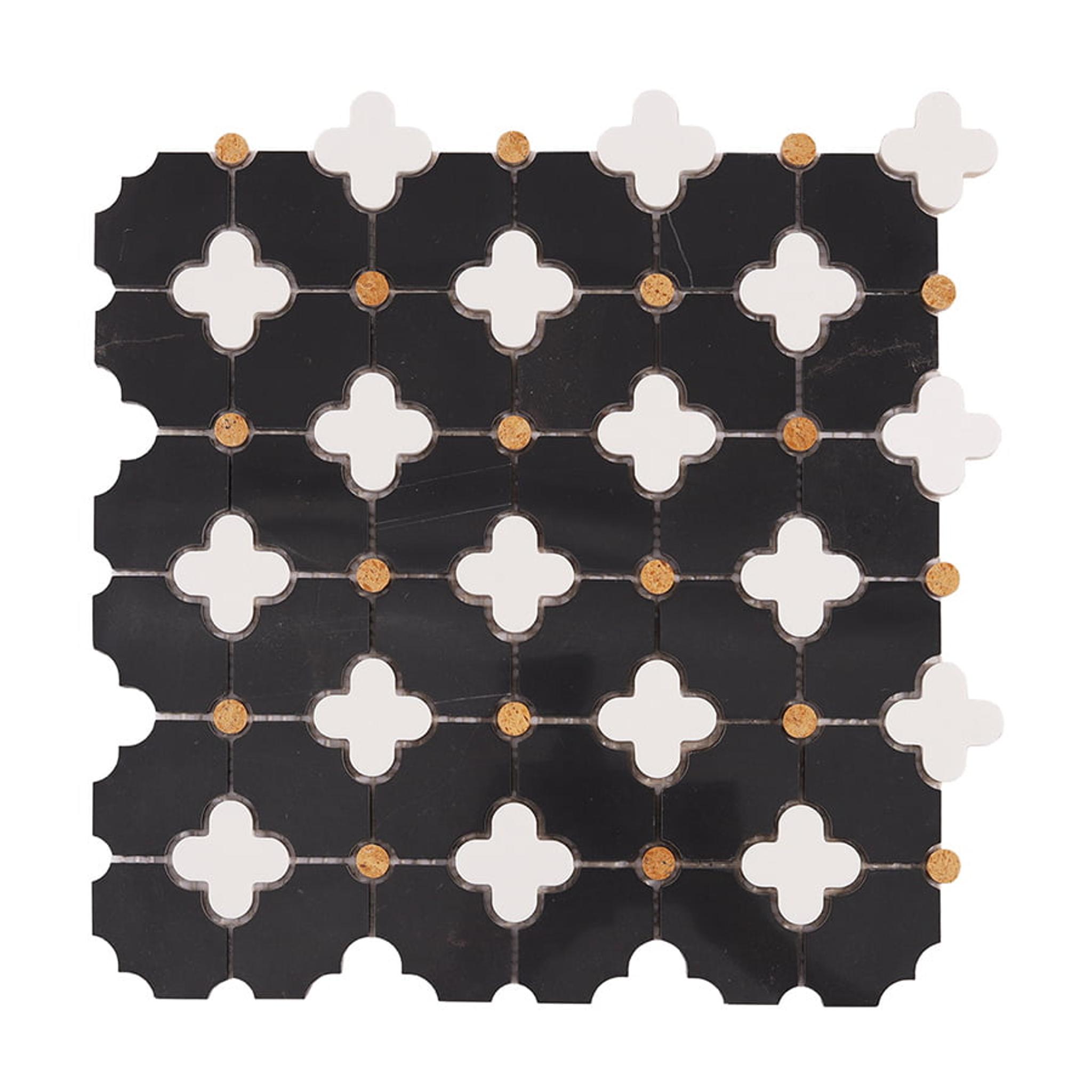 Black and White Floral Marble Mosaic Tiles — mosaic hoa văn waterjet bằng đá marble đen & trắng