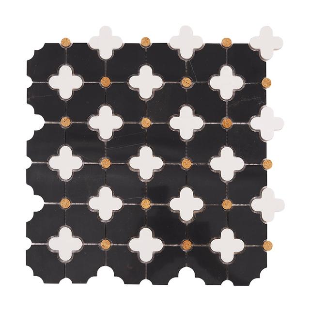 Black and White Floral Marble Mosaic Tiles — mosaic hoa văn waterjet bằng đá marble đen & trắng