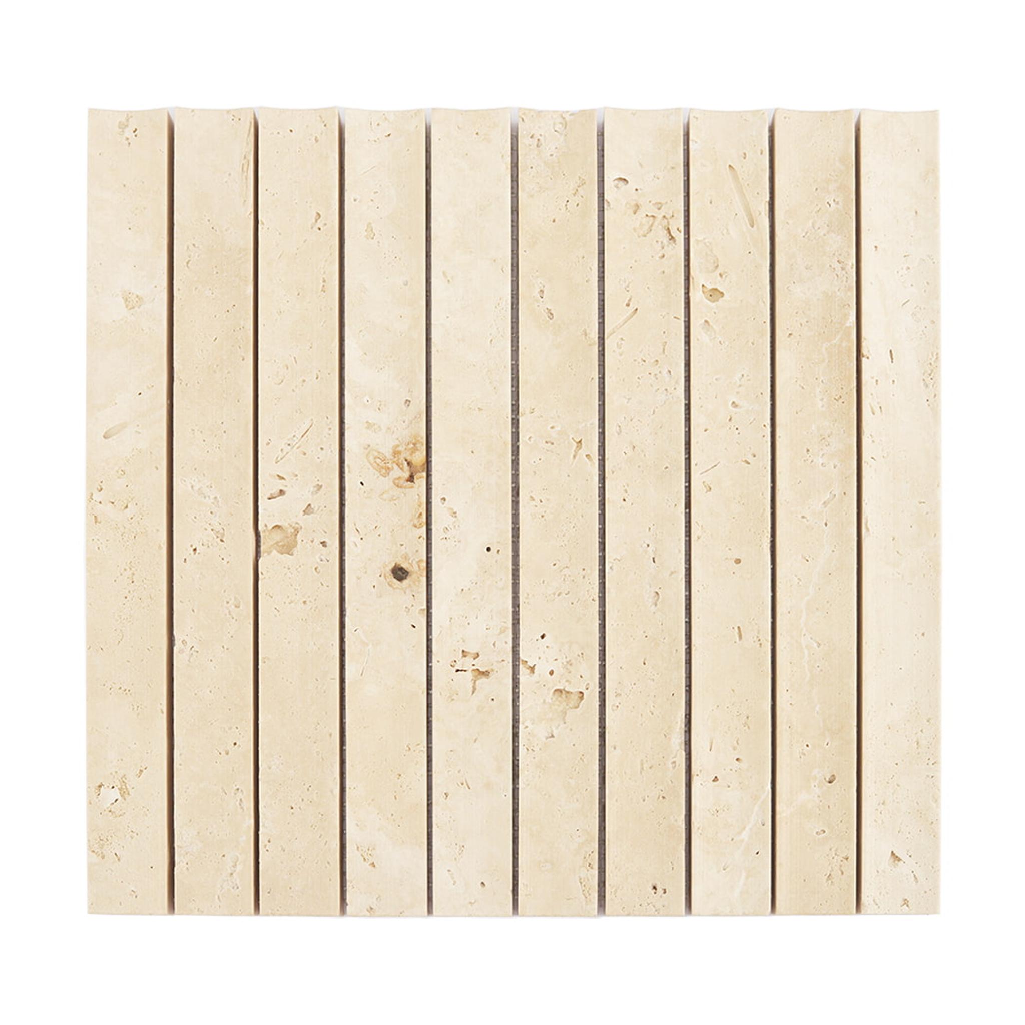 Beige Travertine Fluted Mosaic Wall Tile for Kitchen and Bathroom — mosaic rãnh sọc (fluted) bằng đá travertine beige