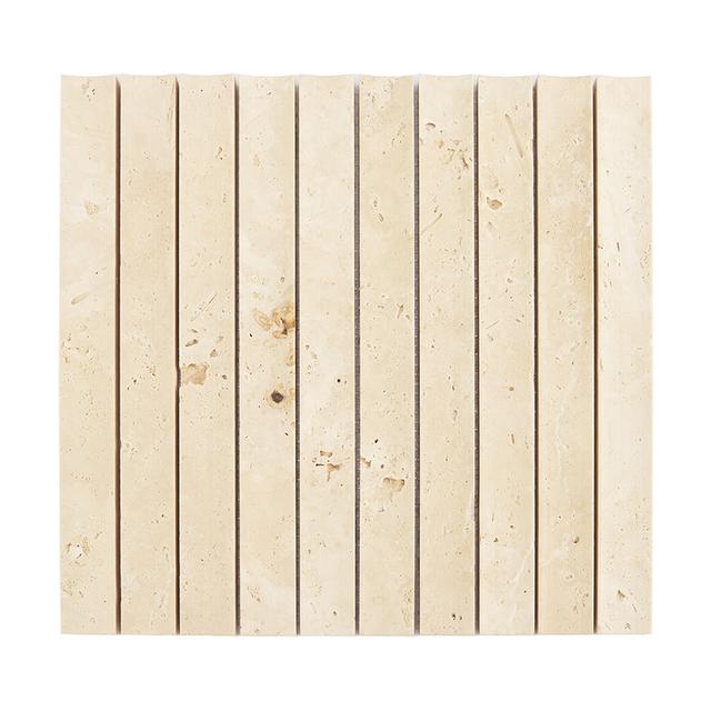 Beige Travertine Fluted Mosaic Wall Tile for Kitchen and Bathroom — mosaic rãnh sọc (fluted) bằng đá travertine beige