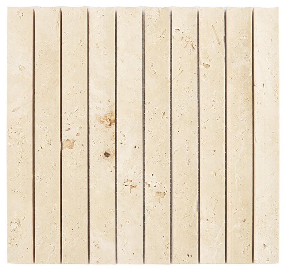 Beige Travertine Fluted Mosaic Wall Tile for Kitchen and Bathroom — mosaic rãnh sọc (fluted) bằng đá travertine beige