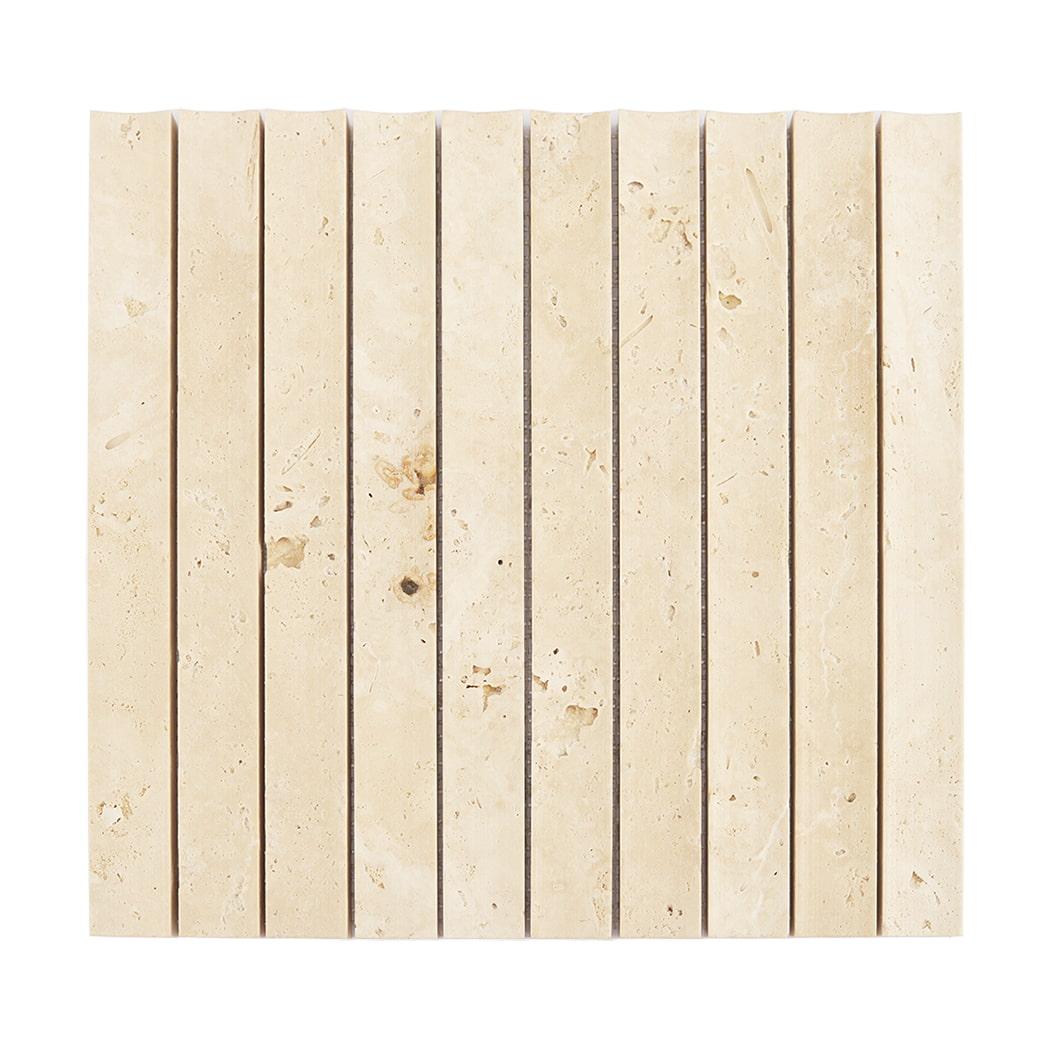 Beige Travertine Fluted Mosaic Wall Tile for Kitchen and Bathroom — mosaic rãnh sọc (fluted) bằng đá travertine beige
