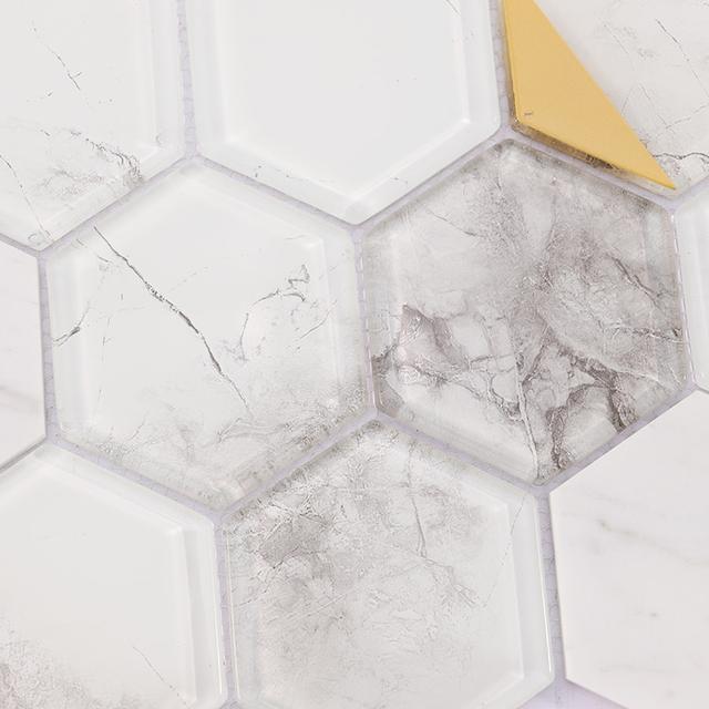 Hexagon Marble and Glass Wall Tile with Gold Accent — mosaic lục giác bằng đá marble vàng