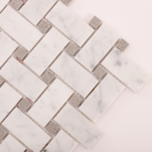 Carrara White Basketweave Marble Mosaic — mosaic đan rổ (basketweave) bằng đá marble trắng Carrara