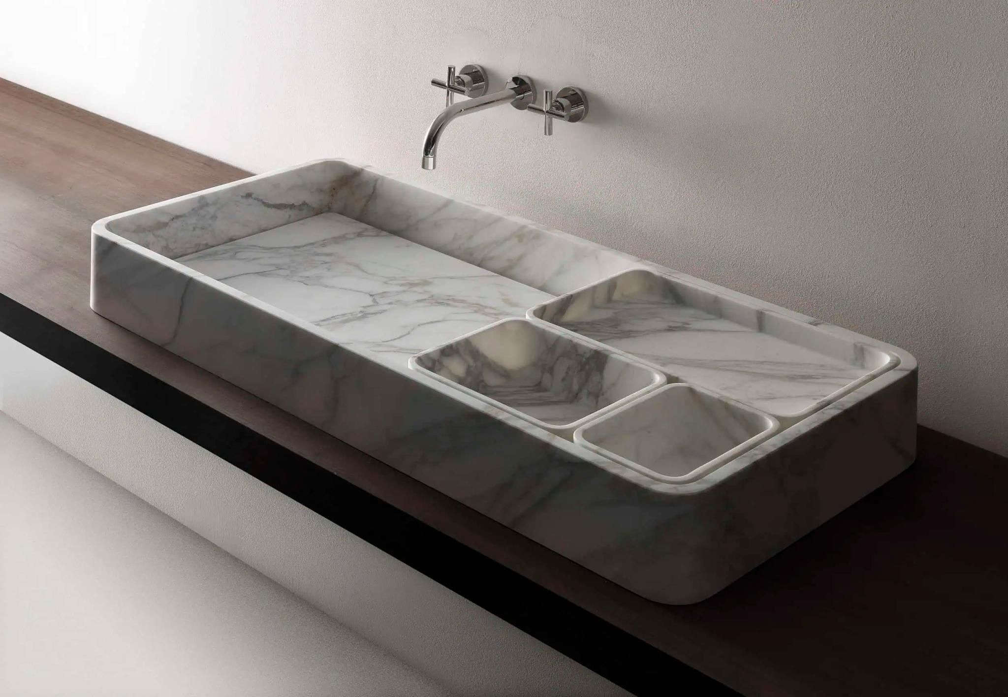 Lavabo đá đặt bàn thuôn dài — nội thất đá Rochelle Couture