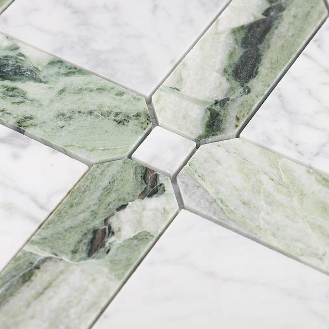 Carrara White and Green Geometric Pattern Marble Mosaic Tile — mosaic ghép nghệ thuật bằng đá marble trắng & xanh lục