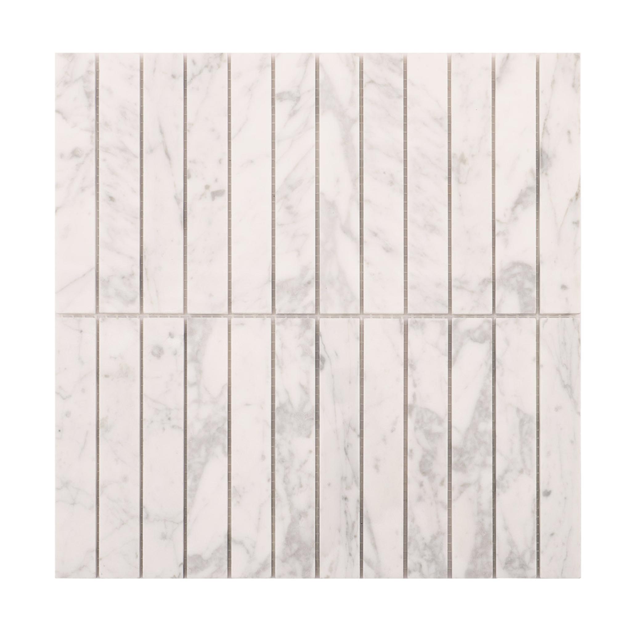 White Carrara Stacked Polished Marble Mosaic Tiles — mosaic thanh dài (linear) bằng đá marble trắng & trắng Carrara